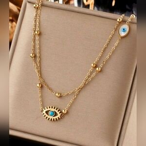 Stainles Double-LayerTurquoise blue evil Eye‎ Pendant Collarbone chain for woman